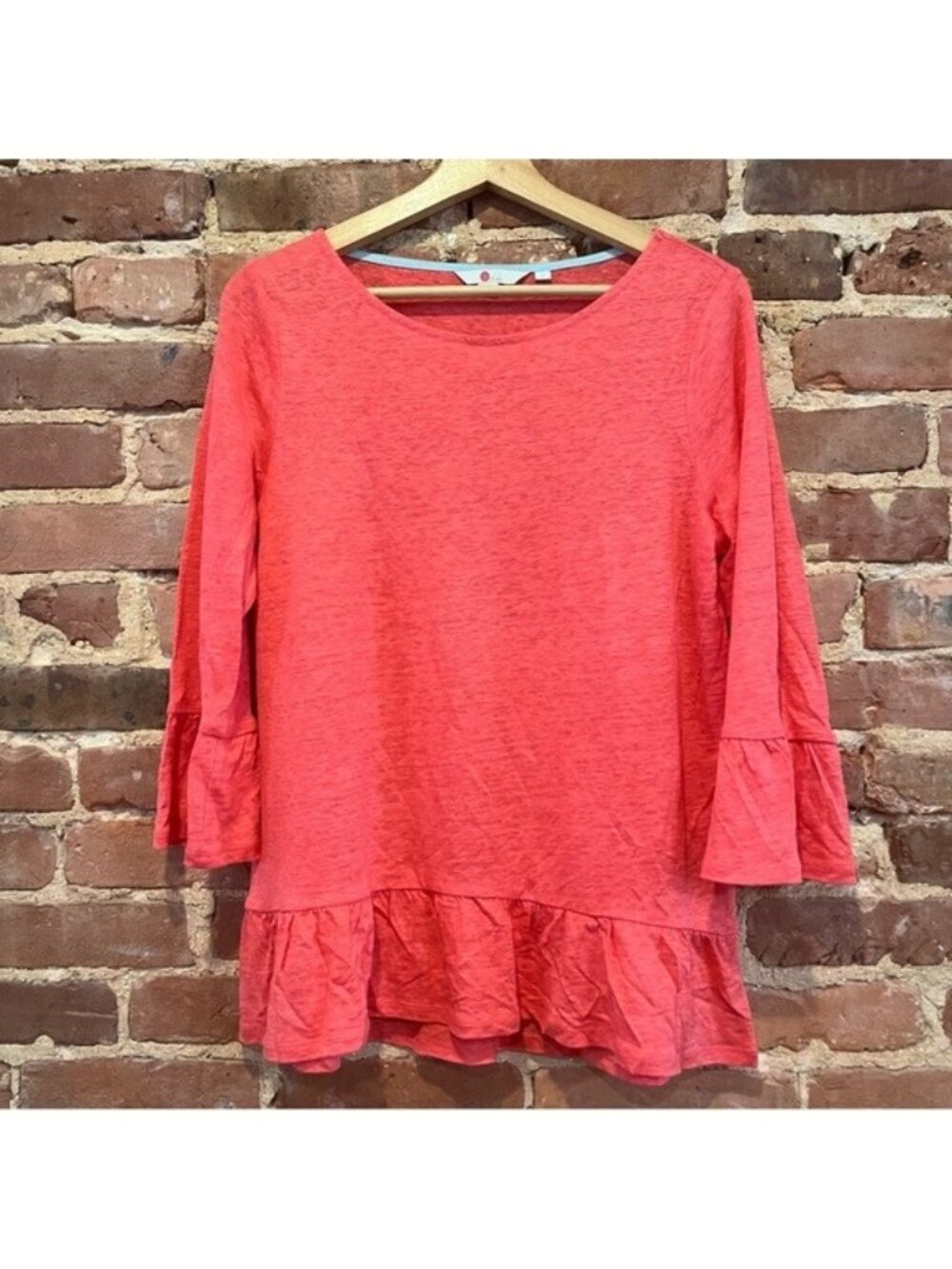 Boden Women's Coral Linen Flare Peplum Jersey 3/4 Sleeve Top Size Medium J0201